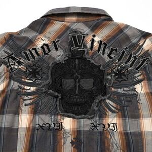 Vintage MONARCHY Amor Vincint Embroidered Button Plaid Distressed Shirt Men's M